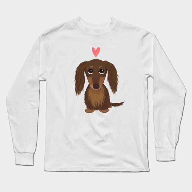 Longhaired Chocolate Dachshund | Cute Wiener Dog with Heart Long Sleeve T-Shirt by Coffee Squirrel